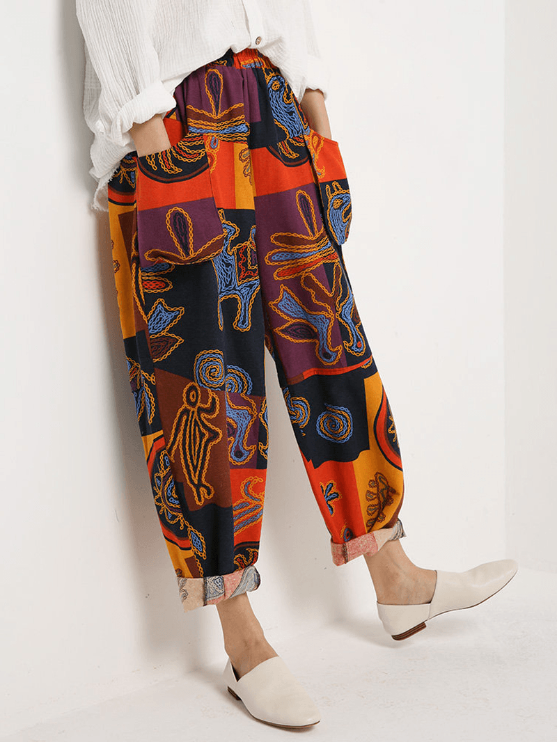 Ethnic Women Floral Print Elastic Waist Pockets Pants