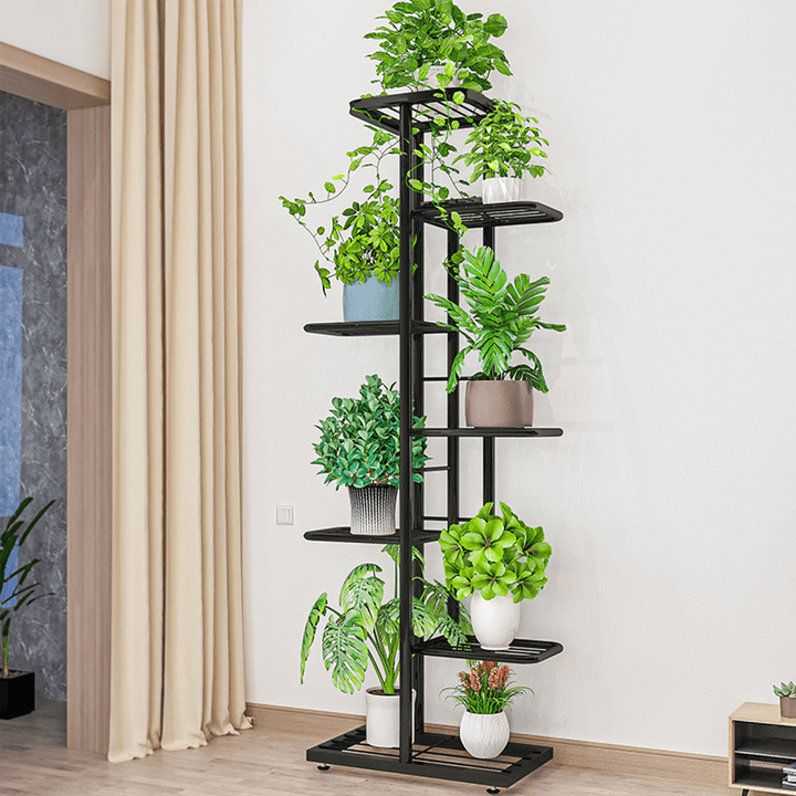 7-Tierblack/White Metal Plant Stand Outdoor Indoor Flower Pot Display Rack Ladder Shelf for Garden