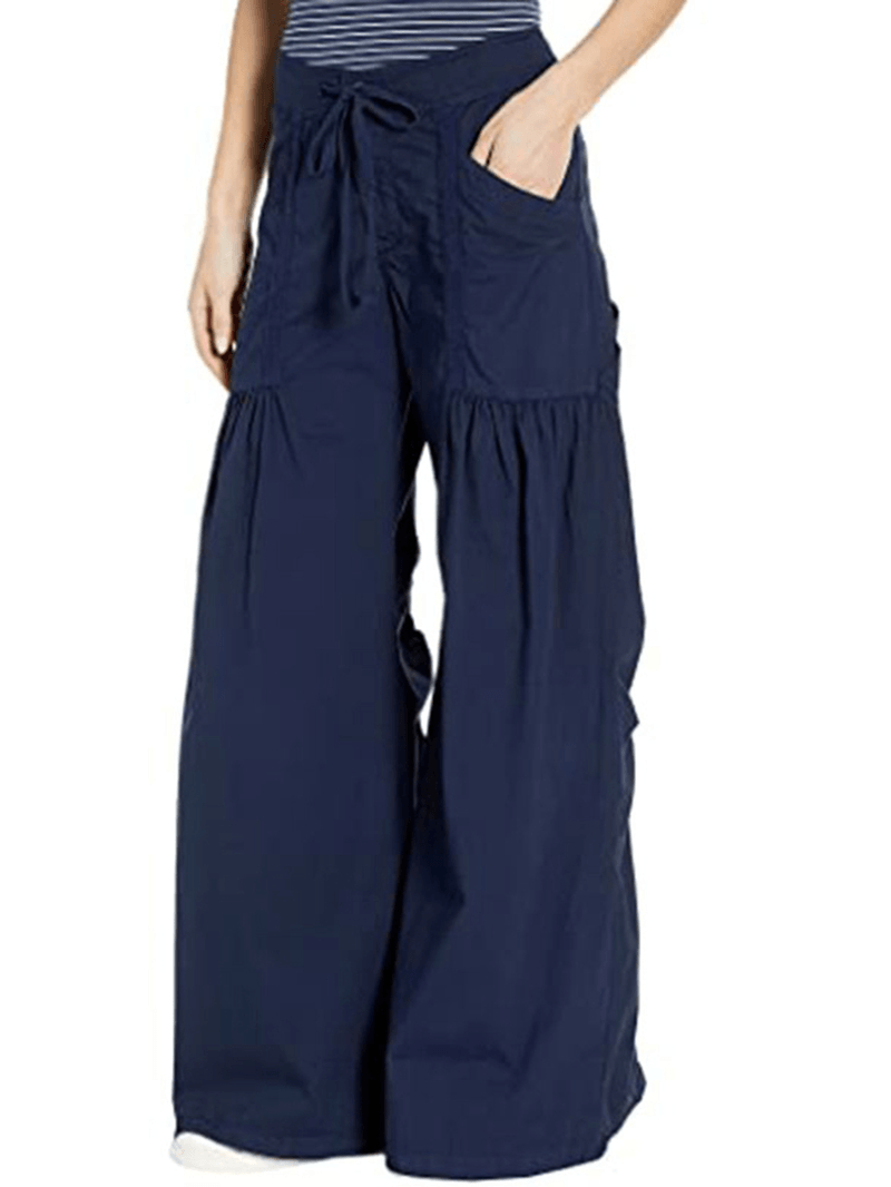 Women Solid Color Elastic Waist Loose Wide Leg Pants with Pocket