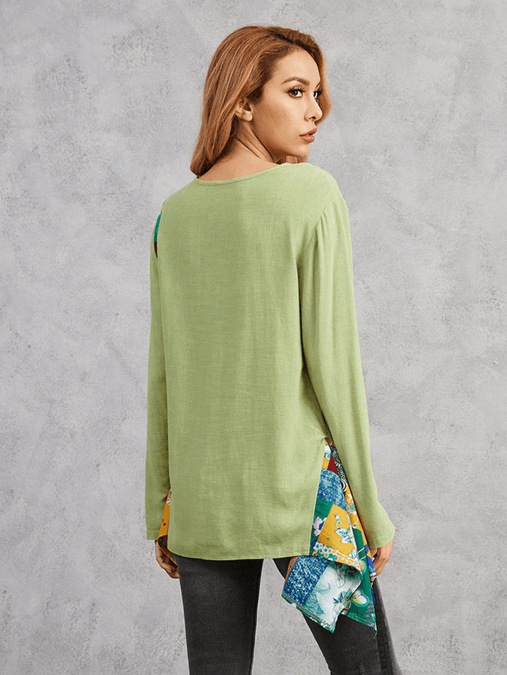 Floral Print Irregular Hem Patchwork Long Sleeve O-Neck Blouse