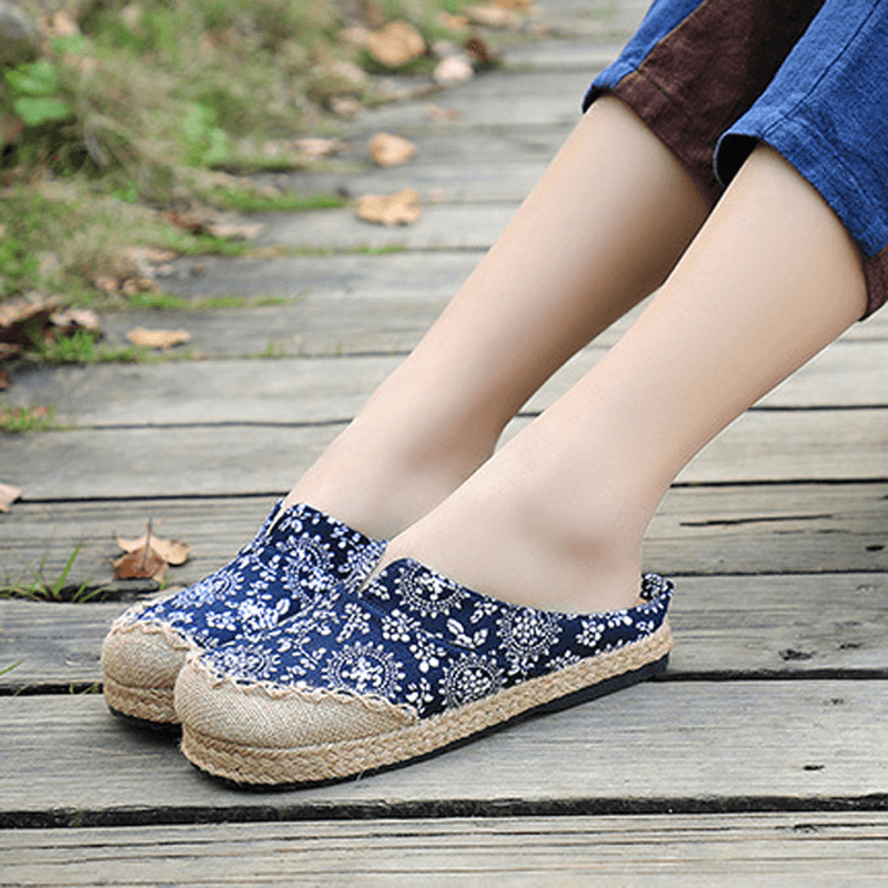 Women Casual Cotton Flax Outdoor Comfortable round Toe Flat Loafer Shoes