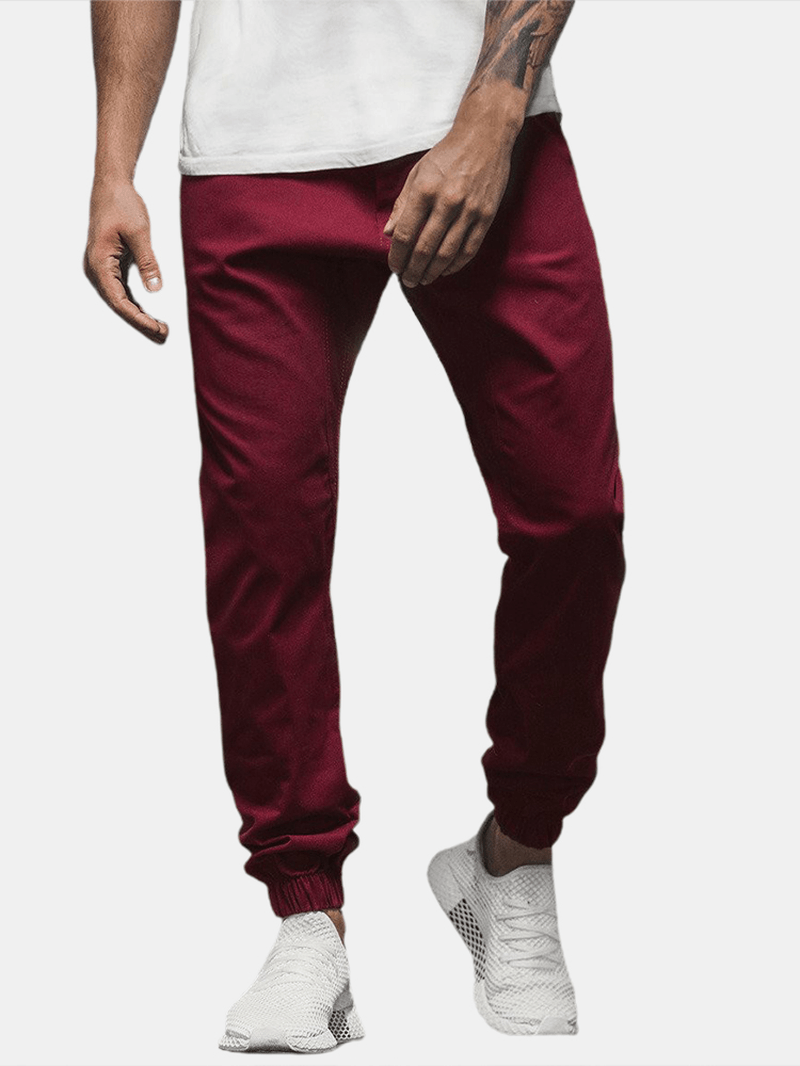 Mens Solid Color Casual Drawstring Pants with Pocket