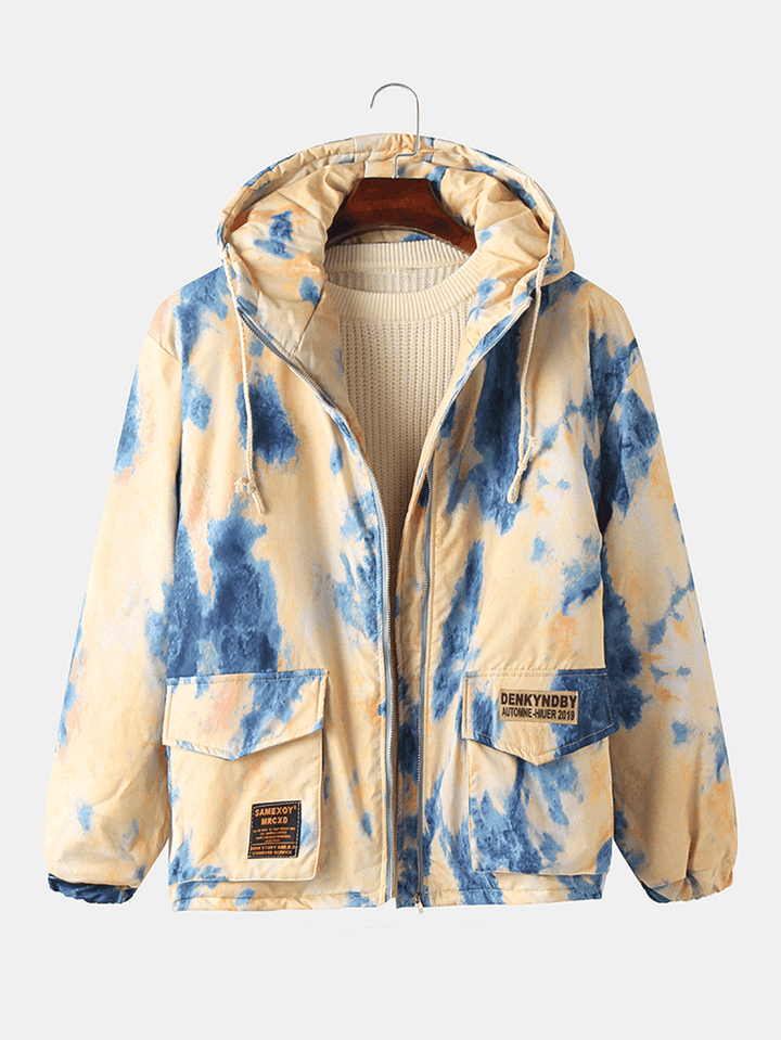 Mens Tie-Dye Double Flap Pockets Zipper Thick Loose Hooded Jacket