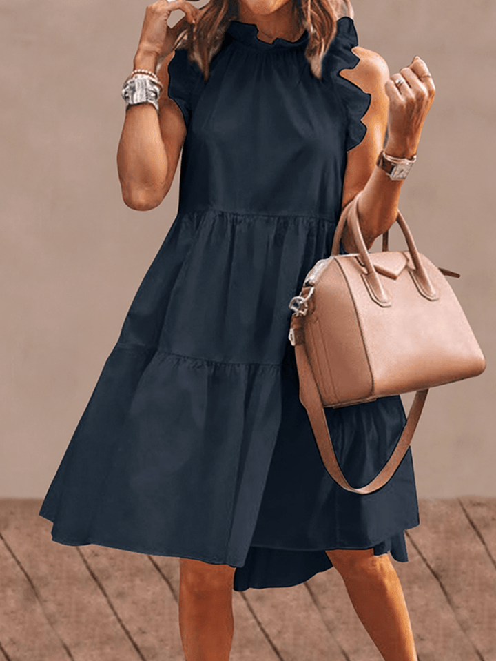 Women Solid Color Ruffles Trim Sleeveless Simple Midi Dresses