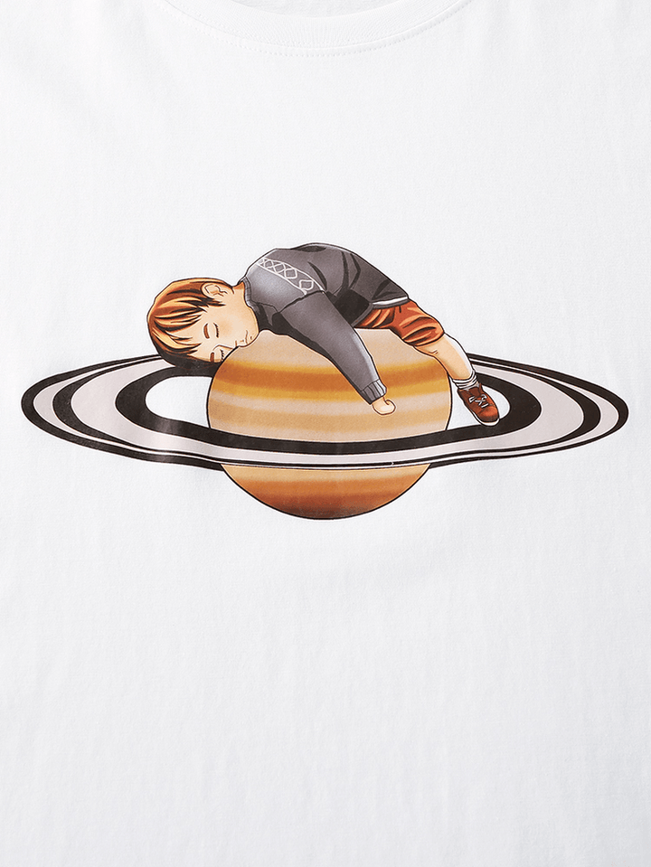 Mens Cotton Breathable Cartoon Saturn & Boy Print Short Sleeve Casual T-Shirts