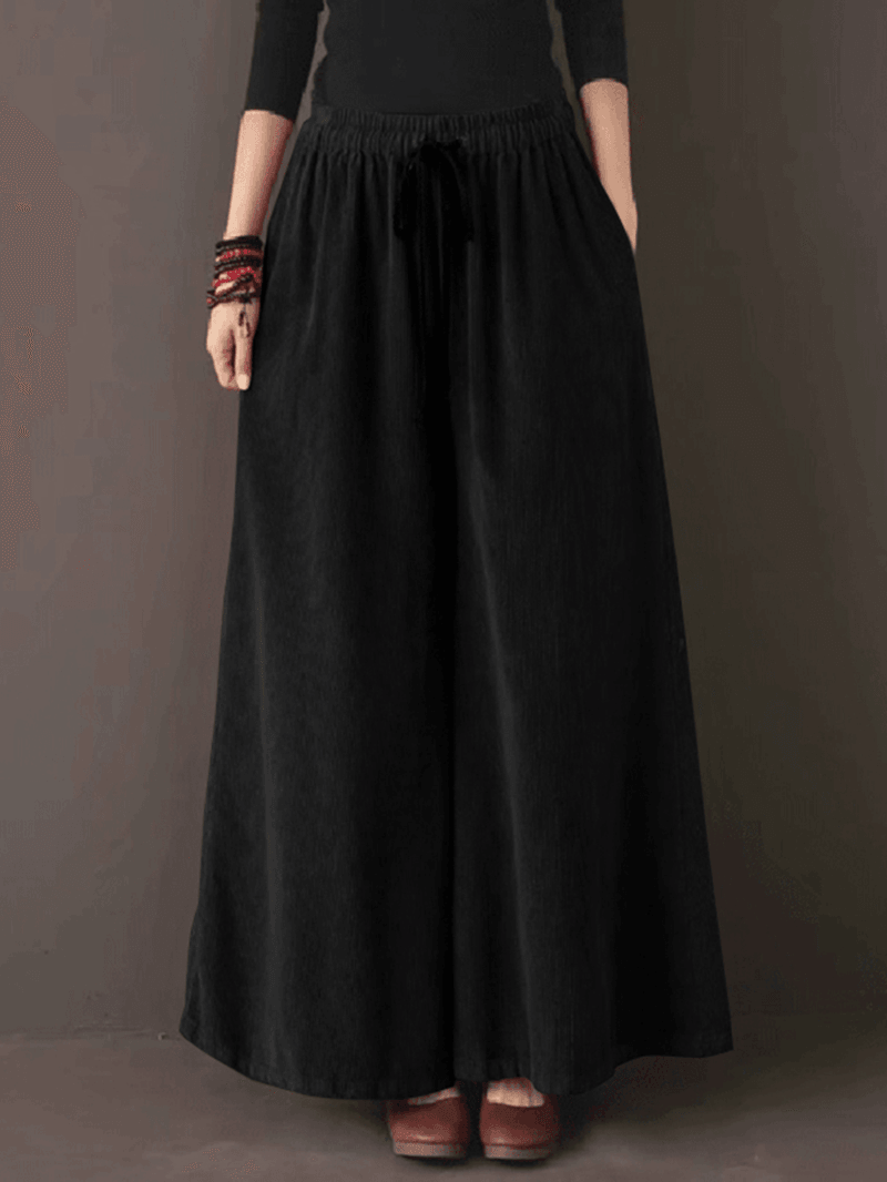 Women Retro Corduroy Solid Casual Drawstring Elastic Waist Wide Leg Pants with Pocket - MRSLM