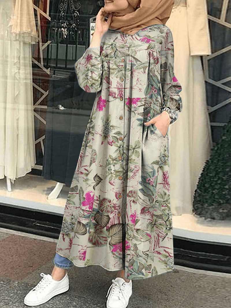 Floral Leaf Printed Button down Front Kaftan Tunic Maxi Dress with Side Pockets - MRSLM