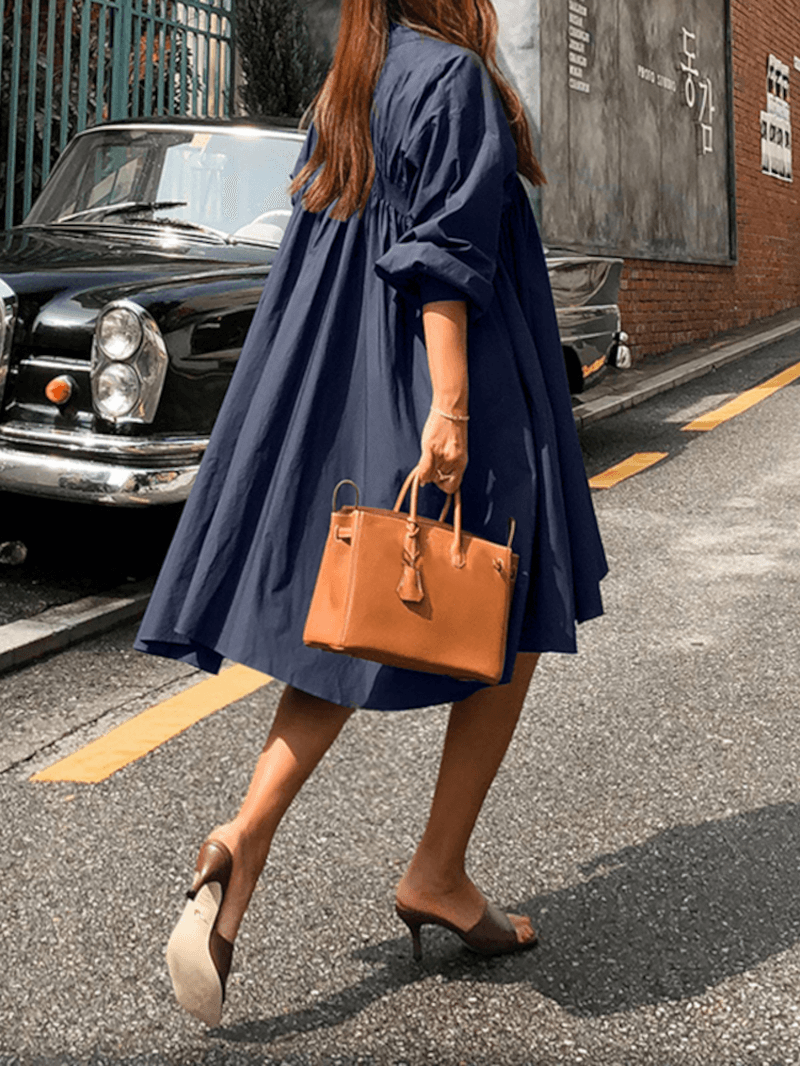 Women Solid Color Pleated Long Sleeve Casual Shirt Midi Dresses