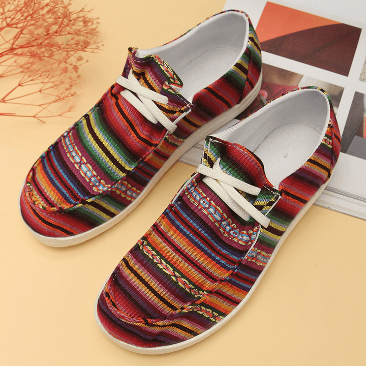 Women Large Size Stripe Printing Leopard Canvas Elastic Band Lace up Casual Flat Shoes