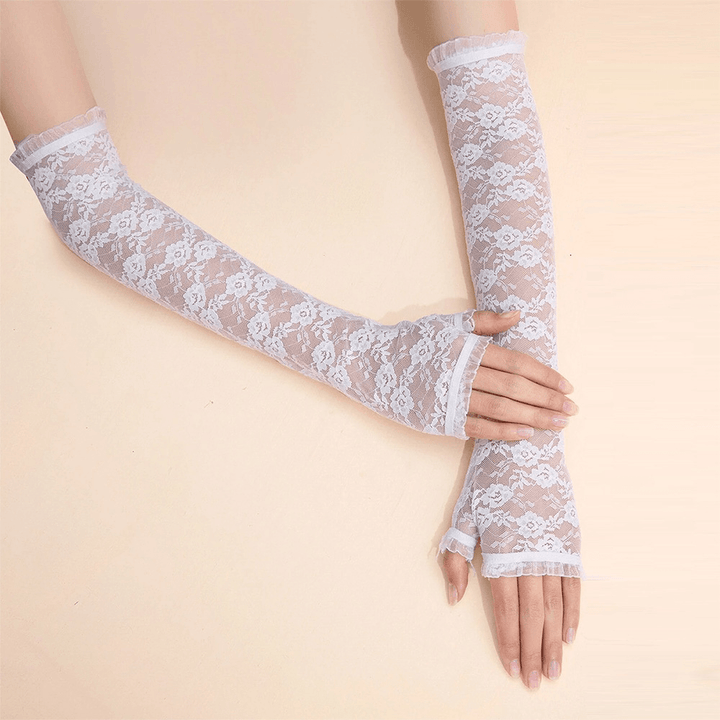 Women Dacron Wild Long Flowers Pattern Lace Gloves Mesh Breathable Half-Finger Gloves Sun Protection Sleeves