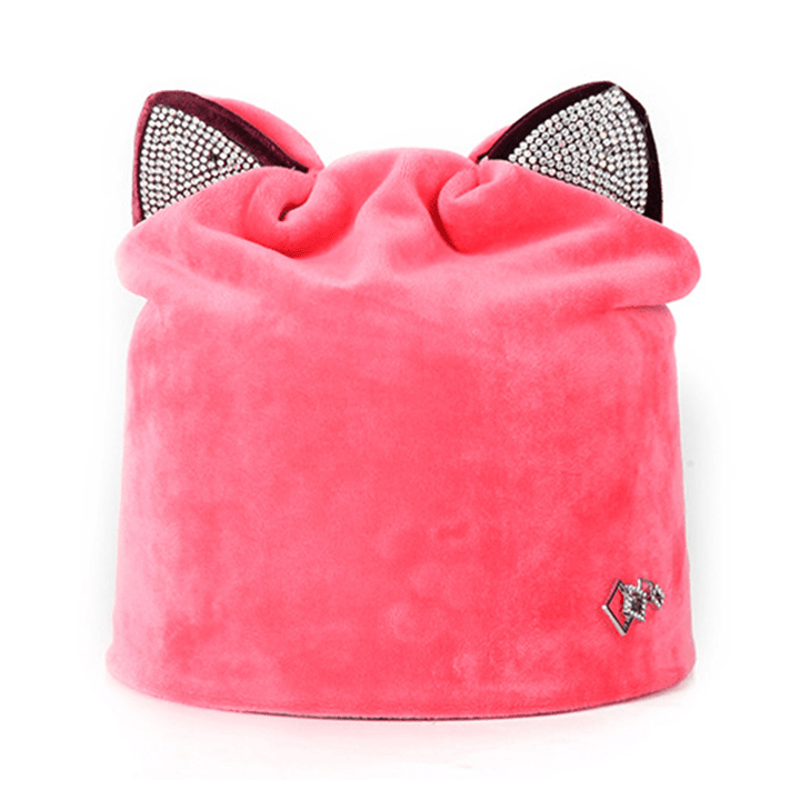 Women Velour Rhinestone Deco Cat Ear Windproof Beanie Cap