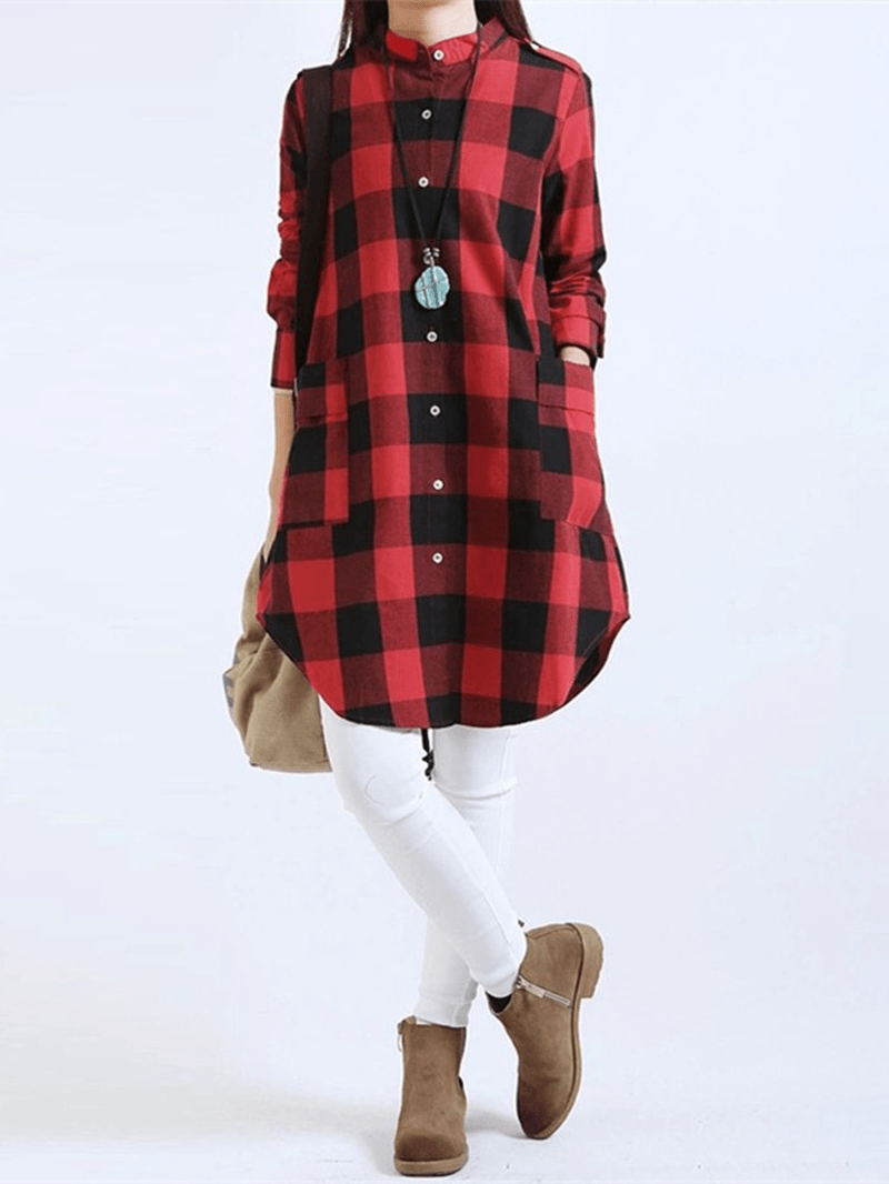 Women Casual Long Sleeve Plaid Loose Pocket Button Long Blouses