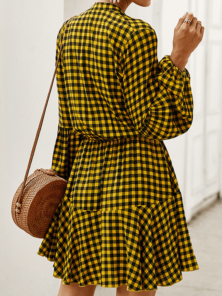 Long Sleveed Plaid Stand Collar Causal Shirt Dress for Women