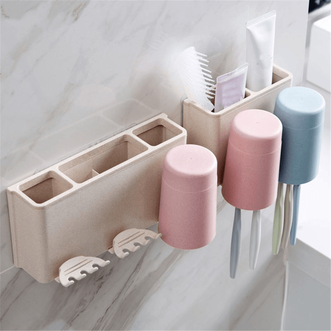 Multifunctional Wheat Straw 6 Toothbrushes Holder 2 Cups Suction Stand Home Bathroom Wall Mount