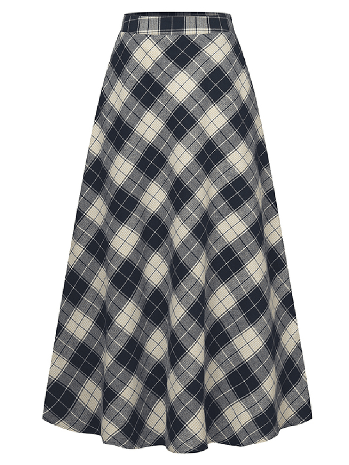 Women Plaid A-Line Vintage High Waist Skirts with Pocket