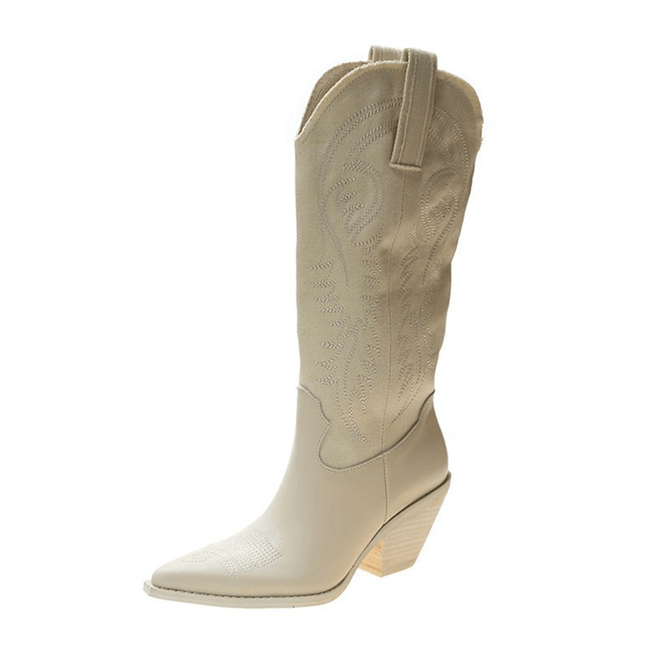 Women Embroidered Pointed Toe Chunky Heel High Cowboy Boots