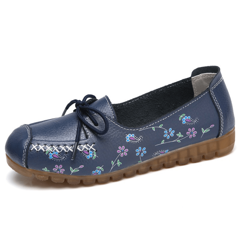 Women Bowknot Flowers Printing Comfy Non Slip Soft Sole Casual Leather Loafers - MRSLM