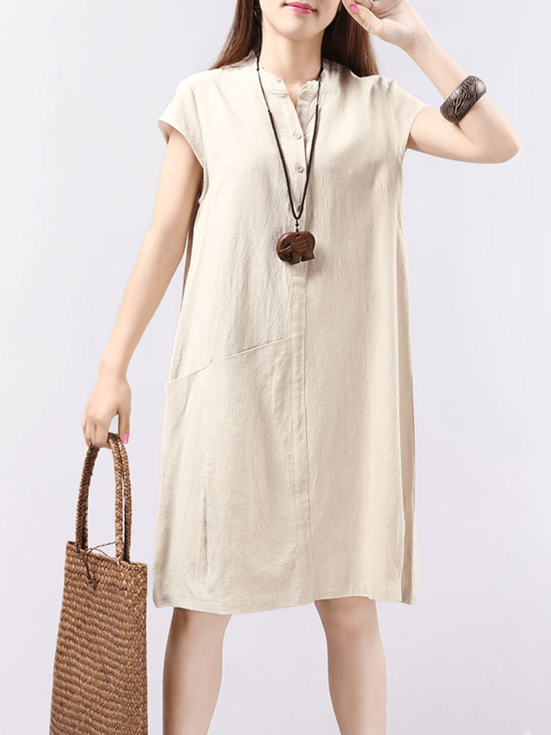 Women Short Sleeve Button Solid Color Casual Dress