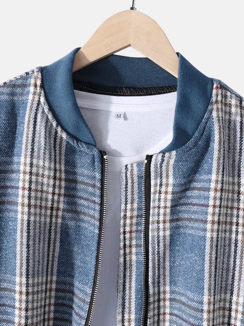 Mens Plaid Baseball Collar Zip Front Casual Jacket with Buttoned Pocket