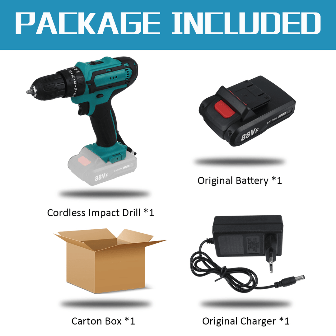 88VF Cordless Drill 3 in 1 Electric Screwdriver Hammer Impact Drill 7500Mah 2-Speed - MRSLM