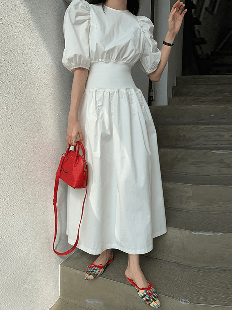 Puff Sleeve O-Neck Short Sleeve Elastic Cuffs Casual Maxi Dress - MRSLM