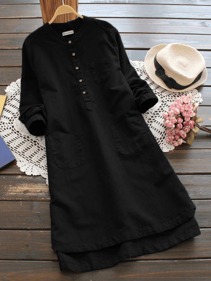 Women Vintage Long Sleeve Buttons Cotton Mini Shirt Dresses - MRSLM