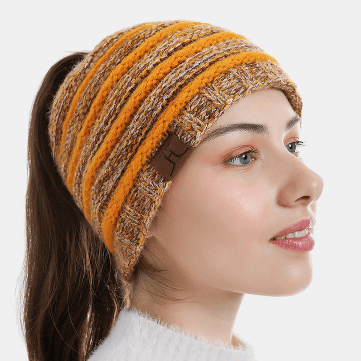 Unisex Wool Stripe Pattern Keep Warm Empty Top Ear Protection Knitted Hat