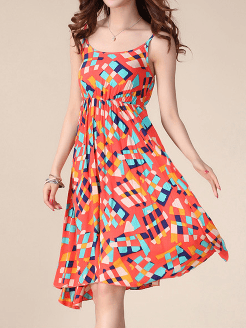 Bohemian Women Strap Flower Pattern Printing Beach A-Line Dress