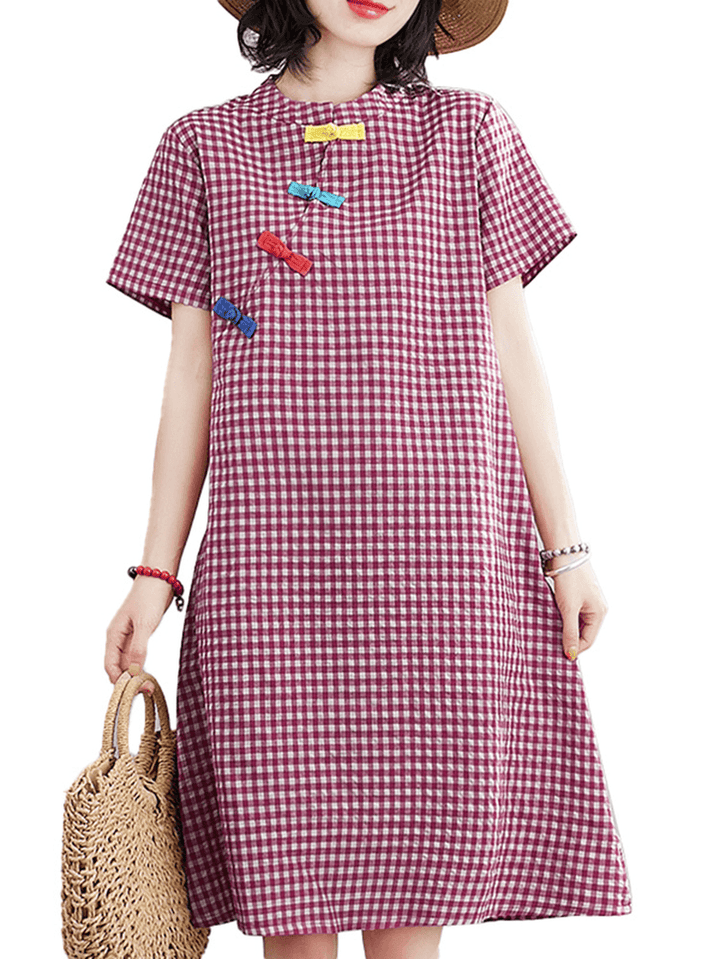 Short Sleeve Stand Collar Pleated Spliced Plaid Casual Dress for Women