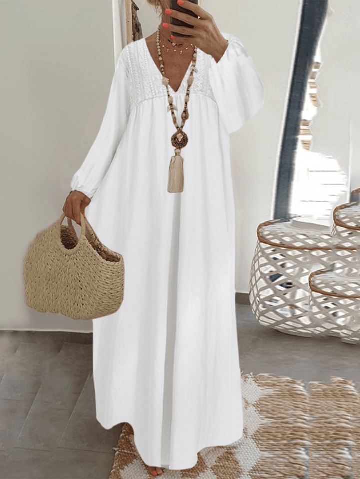 Lace Stitching V-Neck Long Sleeve Elastic Cuffs Loose Casual Maxi Dress