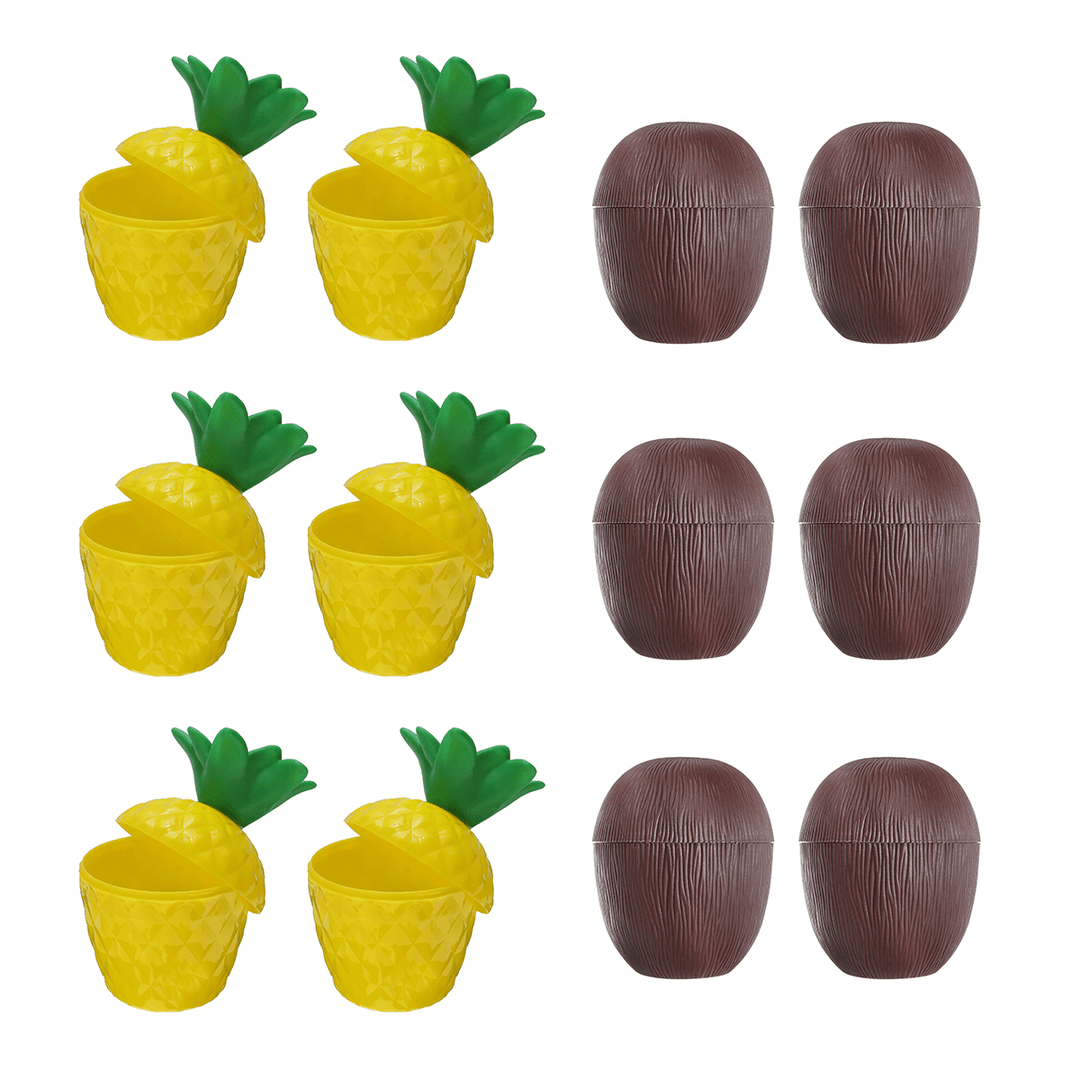 12Pcs Plastic Coconut Pineapple Cup W/ Straw Tropical Hawaiian Luau Hula Beach Pool Party Cup Decor