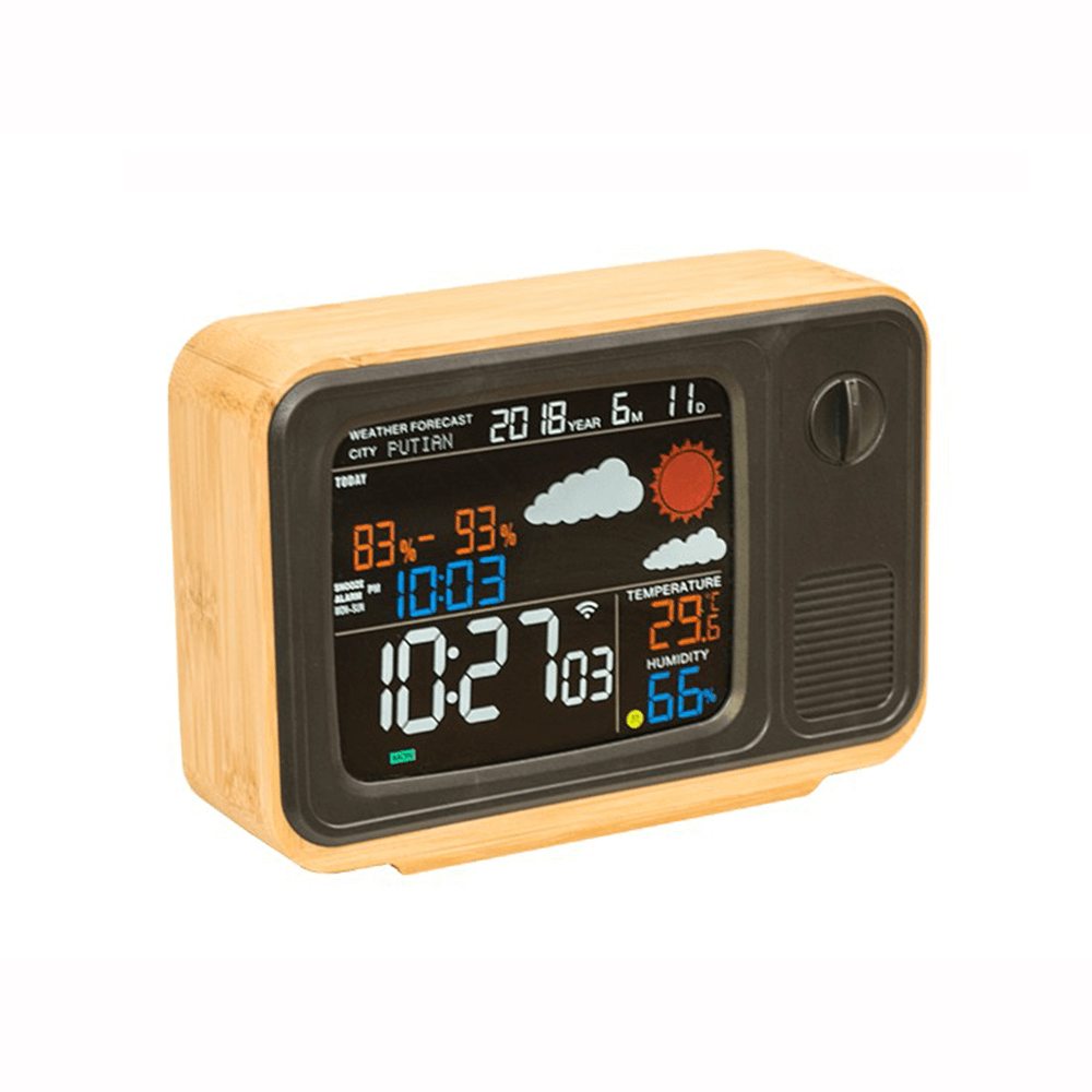 Digital USB Wifi Weather Forecast Station Desk Bamboo Alarm Clock Temperature Humidity APP Control