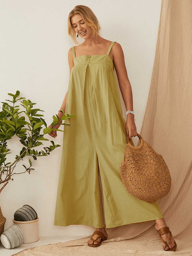 Solid Color Straps Pleated Daily Casual Jumpsuit for Women