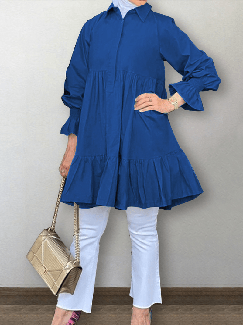 Women Half Button Lapel Tiered Ruffle Sleeve Solid Casual Blouses - MRSLM