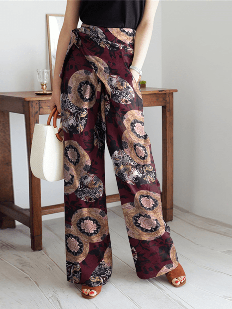 Women Ethnic Style Print Asymmetric Tie Waist Casual Wide Leg Pants - MRSLM