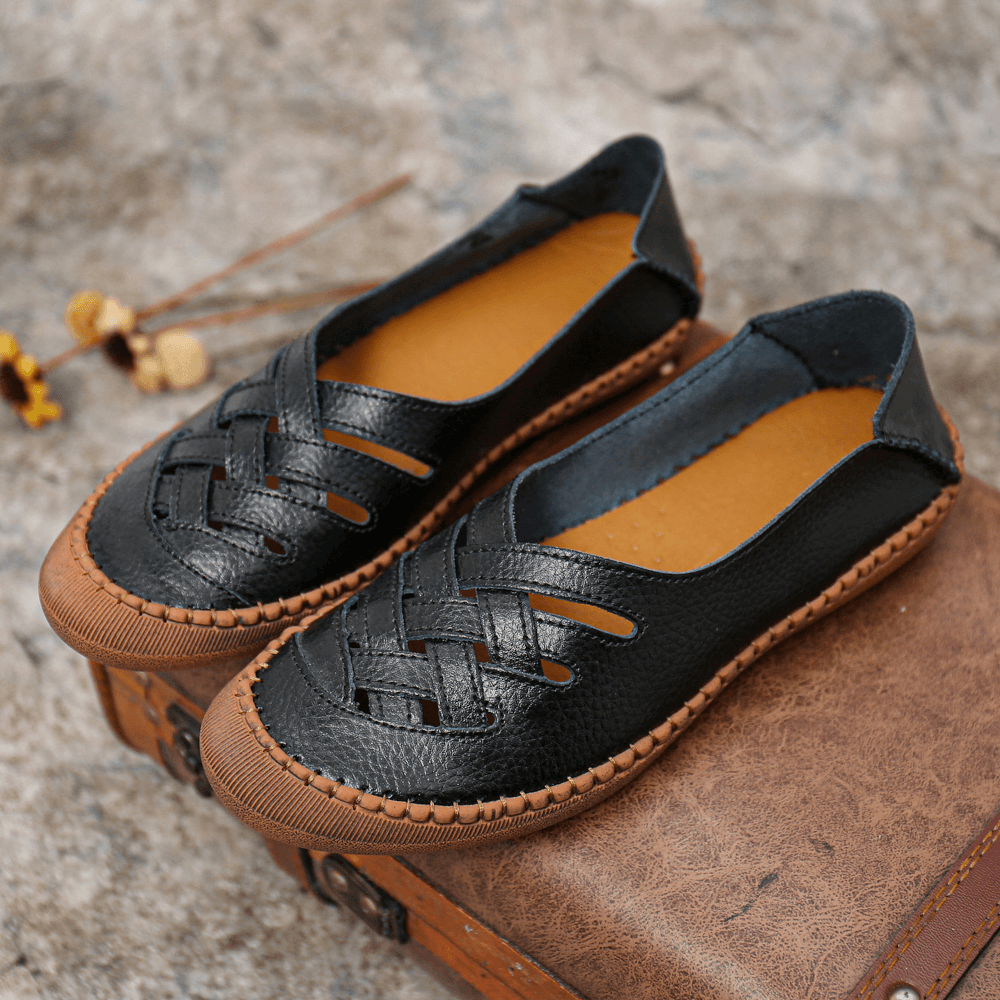 Women Genuine Leather Breathable plus Size Hollow Spring Casual Flats Loafers