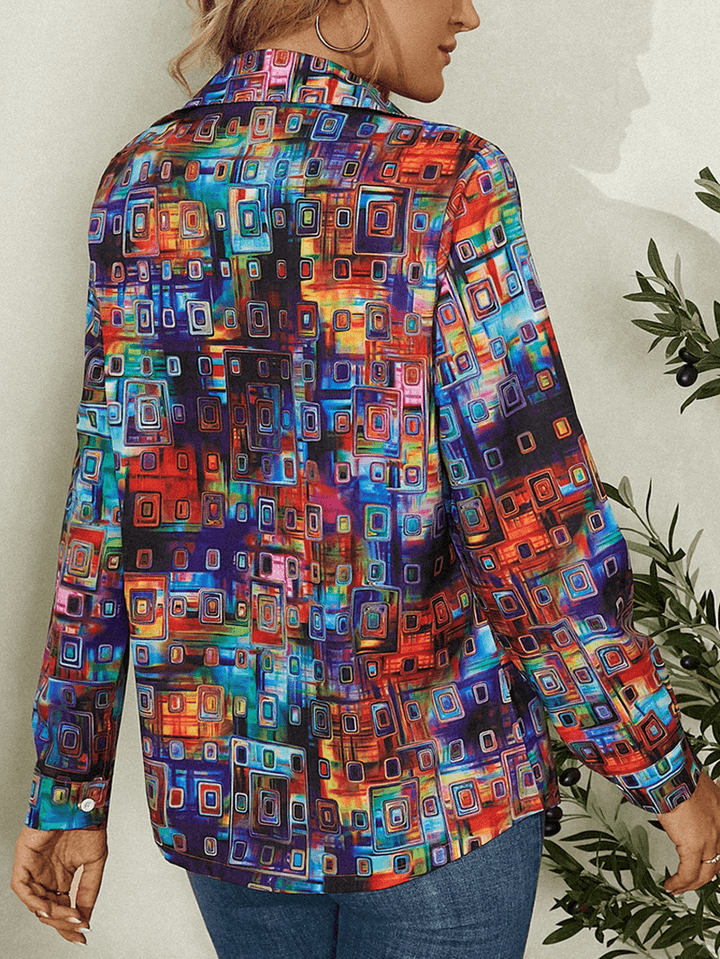 Women Colorful Geometric Printed Button Lapel Long Sleeve Shirt