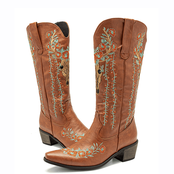 Women Retro Floral Animal Embroidery Leather Pointy-Toe V-Cut Chunky Heel Mid-Calf Knight Boots