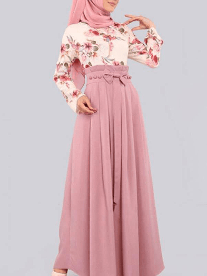 Women Floral Print Kaftan Robes Long Sleeve Ethnic Style Maxi Dresses - MRSLM