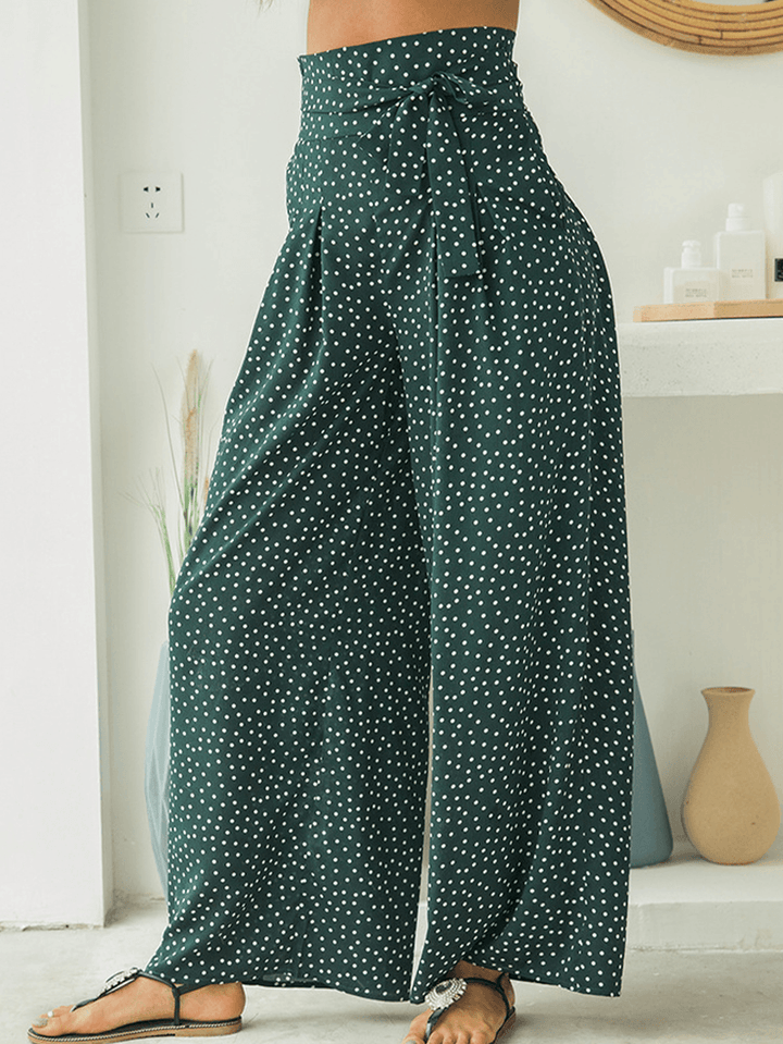 Casual Polka Dot Print High Waist Bow Wide Pants with Pocket