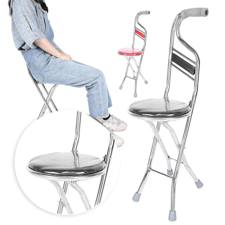 Multipurpose 2 in 1 Ergonomic Design Folding Walking Stick Stool Stainless Steel Walking Chair for the Elderly