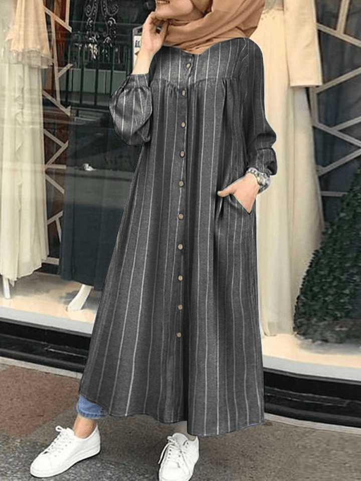 Women Casual Stripe Print Button Long Sleeve Side Pocket Shirt Maxi Dress