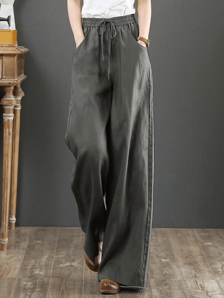 Women Solid Color Elastic Waist Drawstring Wide Leg Pants with Pocket