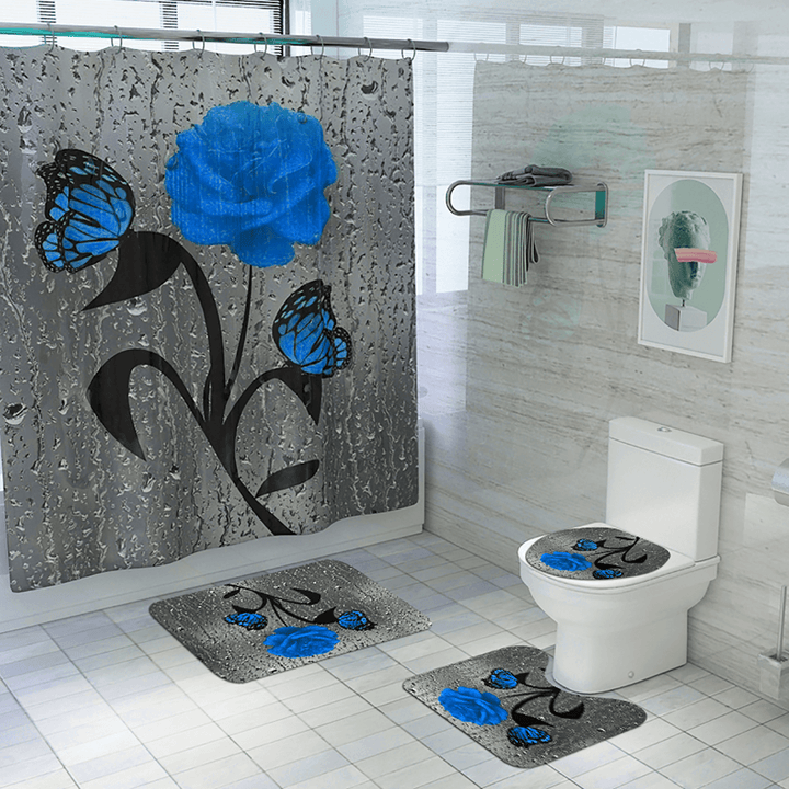 Bathroom Shower Curtain Waterproof Rings Hook Lid Toilet Cover Set 180X180Cm