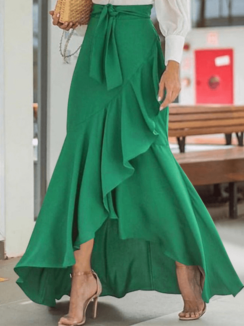 Solid Color High Waist Ruffle High Low Hem Swing Maxi Skirts for Women - MRSLM