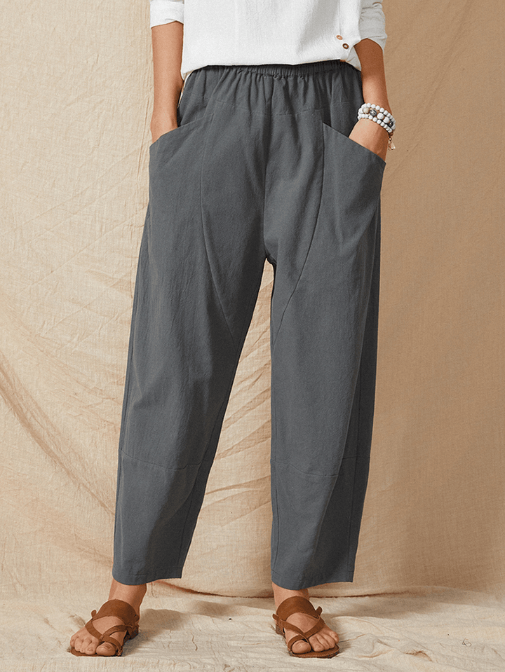 Pure Color Elastic Waist Pocket Plain Casual Cotton Women Harem Pants