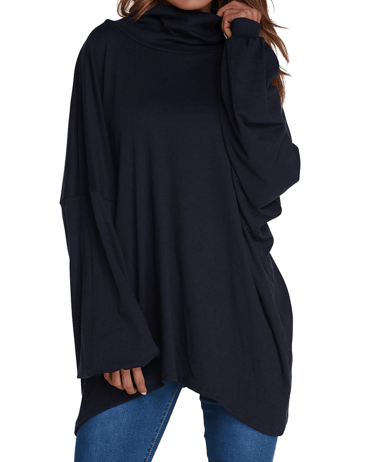 Women Long Sleeve Loose Pullover Tops Pure Color Turtleneck Blouse