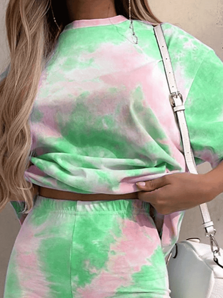 Tie Dye Print Women Summer Sports Two-Piece Top Casual T-Shirts