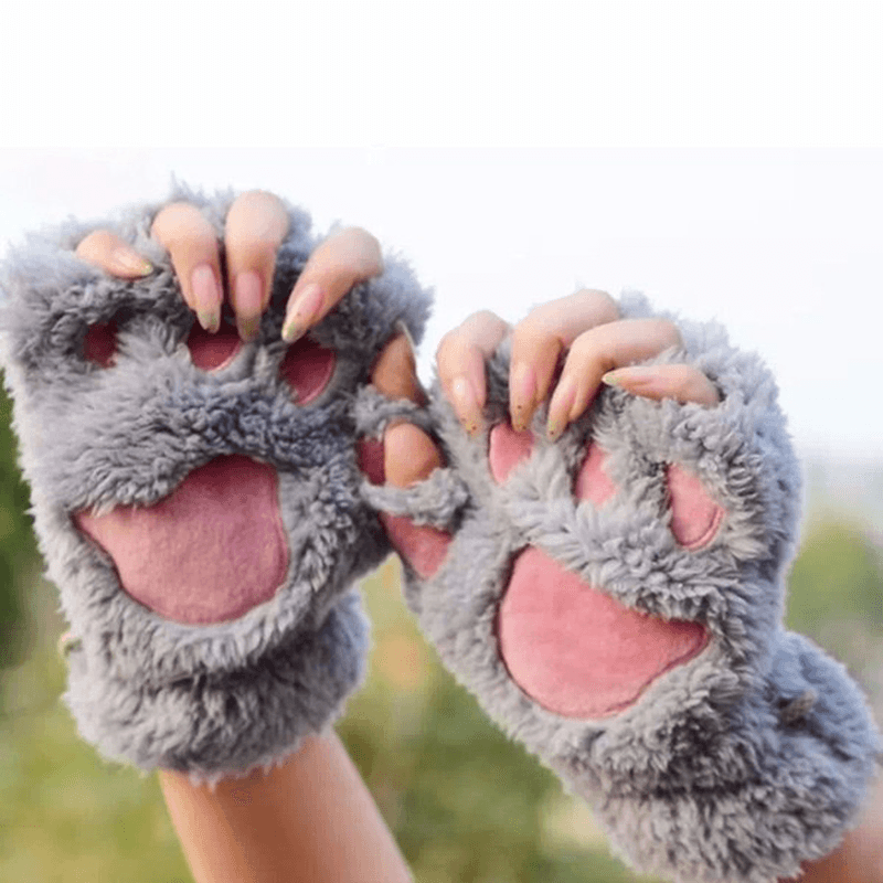 Women Girls Fluffy Plush Bear Cat Paw Fingerless Gloves Paw Glove Winter Warm Mittens