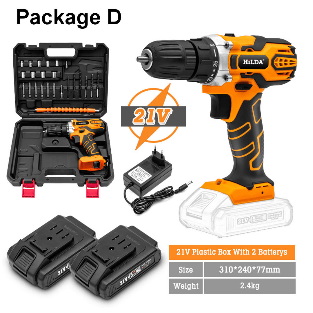 21V Cordless Electric Drill Driver 520N.M LED Portable Rechargeable Screwdriver Hammer Drill W/ 1/2 Battery - MRSLM